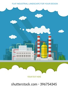 Industrial landscape set. The nuclear power plant and factory on the background of the city.Vector flat illustration
