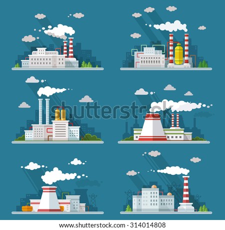Industrial landscape set. The nuclear power plant and factory on the background of the city.Vector flat illustration