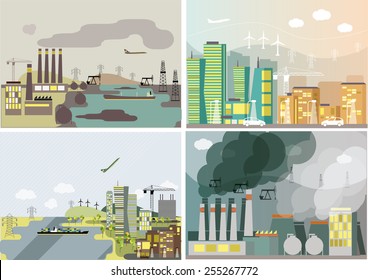 Industrial landscape set.  Plant or factory. Ecology. Pollution. Vector flat illustration