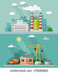 Industrial landscape set. plant and factory, building on the background of the city. Vector flat