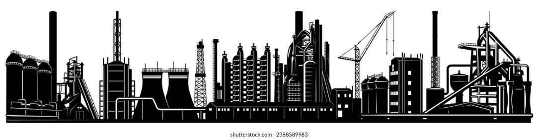 Industrial Landscape, Skyline. Panoramic Silhouette, Banner. Vector background clipart isolated on white.