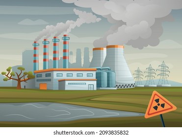 Paisaje industrial con planta de energía térmica e ilustración de vectores de alta tensión de línea de potencia plana