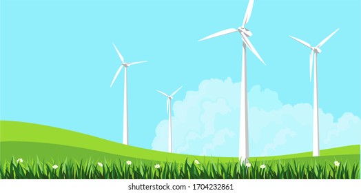 Paisaje industrial con molinos de viento.Imagen vectorial de un recurso energético alternativo.