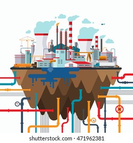 Paisaje industrial.Ilustración del concepto de contaminación natural en estilo plano