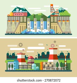 Industrial landscapes: hydroelectric power plant, factory, electric power station. Vector flat illustrations