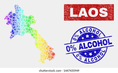 Industrial Laos map and blue 0% Alcohol scratched seal. Spectral gradient vector Laos map mosaic of industrial parts. Blue round 0% Alcohol badge.