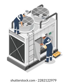 Industrial large Air Conditioner Engineer Maintenance Service on roof of factory mall airport or wearehouse Isometric illustration cartoon vector