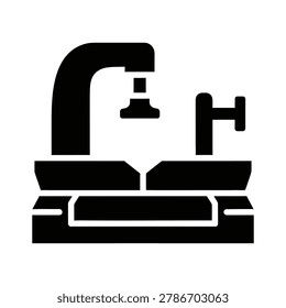 Industrial lathe machine or metal press vector icon with industrial, equipment