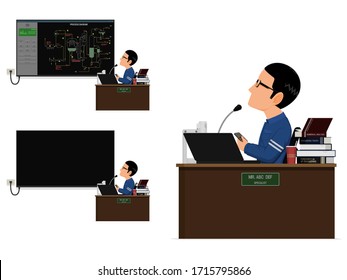 An industrial lecturer  is presenting process diagram.
