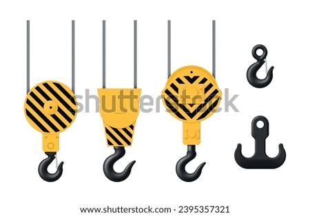 Industrial lifting hooks construction crane machine metallic equipment set realistic vector illustration. Machinery engineering heavy load steel tool building architecture work with yellow winch rope