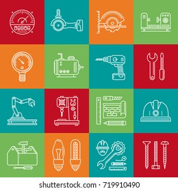 Industrial lineart minimal vector iconset on multicolor checkered texture