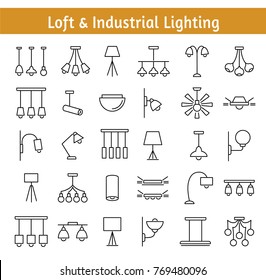 Industrial & Loft Lighting. Interior Light Fixtures. Devices For Illumination Of House, Storage, Restaurant, Hotel. Lanterns, Pendants And Lamps. Decorative Elements. Vector Line Icon Collection.