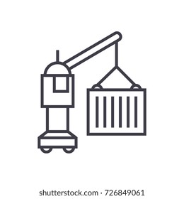 industrial logistic crane with cargo vector line icon, sign, illustration on background, editable strokes
