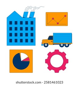 Industrial and logistics 2D cartoon objects set. Manufacturing, analytics. Factory, truck, pie chart, graph and gear isolated elements flat vector cliparts on white. Spot illustrations collection