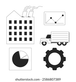 Industrial logistics black and white 2D line objects set. Manufacturing, analytics. Factory, truck, pie chart, gear isolated clip arts vector outline items collection. Monochrome spot illustrations