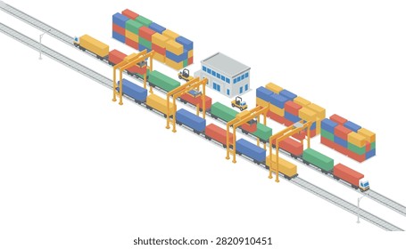 Industrial logistics depot featuring cargo trains with shipping containers and cranes loading freight in an isometric view.