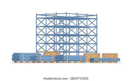 Industrial logistics display featuring a tall metal scaffolding tower with wooden crates and pallets of blue pipes arranged on the ground level.
