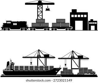 Industrial Logistics and Freight Transport Vector Silhouette Set