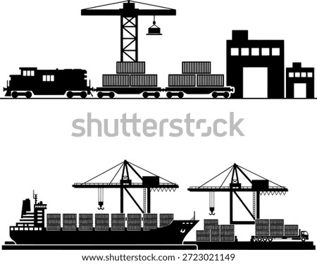 Industrial Logistics and Freight Transport Vector Silhouette Set