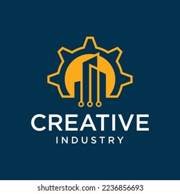 logotipo industrial Concepto Forma de engranaje con herramientas de construcción de tecnología espacial negativa vector,plantilla