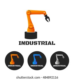 Industrial logo concept with robotic arm, vector illustration, mechanical hand