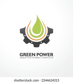 Diseño de logotipo industrial con hoja verde, caída de aceite y forma de engranaje de máquina. Idea de símbolo de poder verde. Plantilla de ilustración de icono del vector de energía.