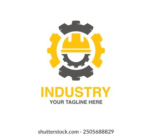 Industrial logo design. Development Gear. Workwear, helmet construction and cogwheel. Safety and protection, engineer. Construction, labor and engineering symbols vector design and illustration. 
