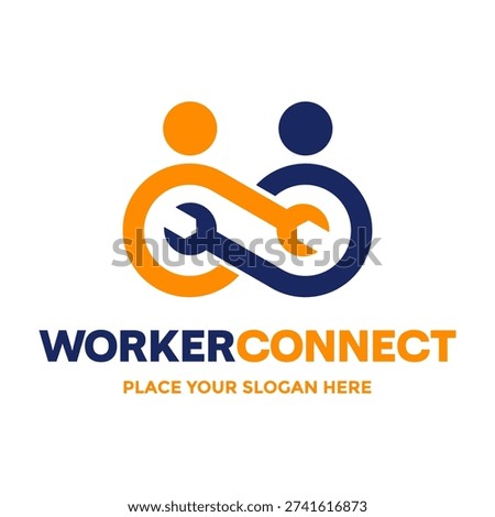 Industrial logo featuring two people icons connected by a wrench, ideal for labor unions, repair networks, or technical service communities.