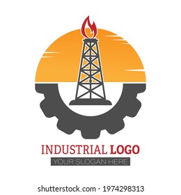 Industrial logo. an oil or gas rig on the background of the sun. Stock vector image for logo, sticker, or sticker. Flat style, isolated on white background