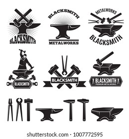 Industrial logo set. Labels for blacksmith. Vector design template with place for your text. Blacksmith and workshop, hammer and anvil emblem illustration