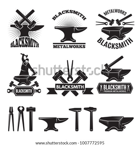Industrial logo set. Labels for blacksmith. Vector design template with place for your text. Blacksmith and workshop, hammer and anvil emblem illustration