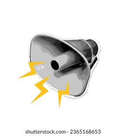 Industrial loudspeaker - halftone collage grunge 3d megaphone announcing crazy promotions. Doodle lightning elements for retro mixed media design. 90s Advertising sticker. Vector illustration.