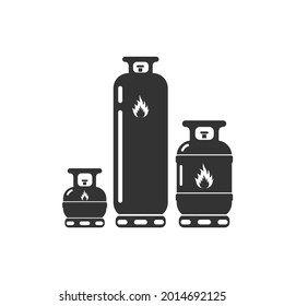 Industrial LP gas cylinders. Long medium small bottle sized propane containers. Cooking stove fuel tank options. Liquid petroleum products. Butane canisters. Black and white color vector illustration.