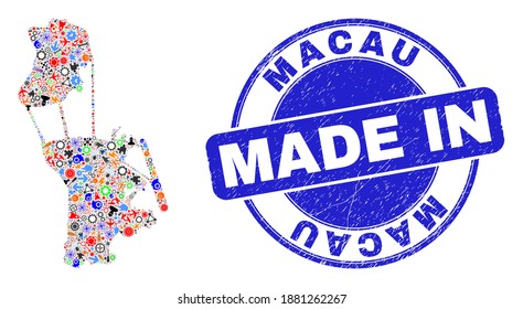 Mosaico de mapa industrial de Macao y marca de agua en peligro. Mapa de Macao diseñado con horquillas, ruedas, destornilladores, elementos, coches, pernos eléctricos, detalles.