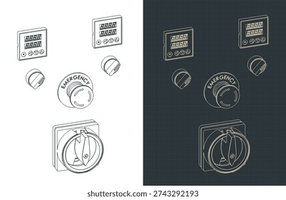 Industrial machine control panel and line emergency stop button isometric drawings stylized vector illustrations