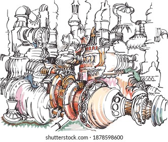 Industrial machine fantasy, freehand drawn, watercolored illustration