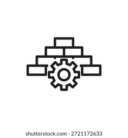 Icono de la base de la máquina de Industrial con una jerarquía de bloques estructurales integrada con un engranaje mecánico central, que simboliza la estabilidad del equipo pesado y la amortiguación de vibraciones de ingeniería de precisión