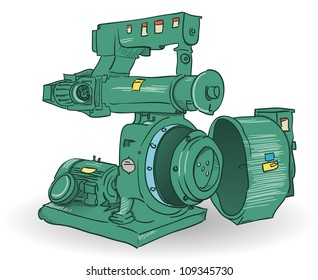 Industrial Machine Illustration - Sketch of pellets making machine made of steel in green color