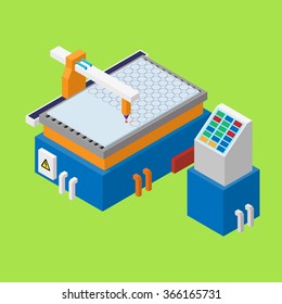 Industrial machine for laser cutting of metal.  Flat vector isometric design.