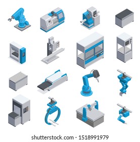 Industrial machine manufacturers equipment elements isometric icons set with conveyor robotic arm control panel isolated vector illustration