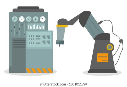 Industrial machine of pipes, cables, motors, buttons, gauges, pumps in flat style. Factory construction equipment, engineering vector illustration. Mechanical machine with manipulator and sensors