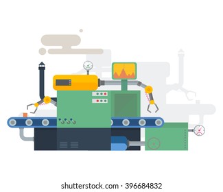 Industrial machine of pipes, cables, motors, buttons, gauges, pumps in flat style. Factory construction equipment, engineering vector illustration.