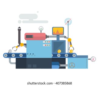 Industriële machine voor de productie van ideeën, concepten.Fabrieksbouw apparatuur, engineering vector vlakke illustratie.