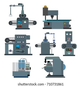 Máquina industrial para a produção de idéias, conceitos.Equipamento de construção da fábrica, ilustração plana vetorial de engenharia.