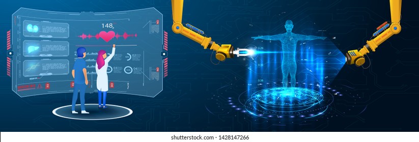 Industrial machine robotic robot arm changes the DNK of a person. Scientists or researchers analyzing DNA molecule. Genetic engineering biotechnology and genome modification. Sci, HUD, GUI, UI medical
