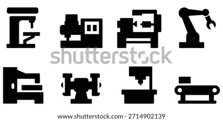 Industrial machine silhouette set, Factory equipment icon pack, Manufacturing tool collection