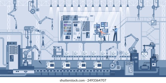 Industrial machine tools in production line manufacturer factory. Automated production process, high tech machinery. 