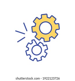 Industrial machinery break RGB color icon. Operating cog wheels. Lack of integration. Technical solution. Power transmission problem. Maintenance and repair. Isolated vector illustration