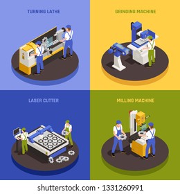 Industrial machinery concept icons set with milling machine symbols isometric isolated vector illustration