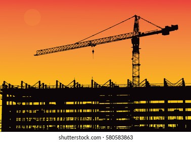 Industrial machinery and the construction crane. Cranes and skyscraper under construction, city skyline at sunset, sunrise Building under Construction site. Vector illustration.